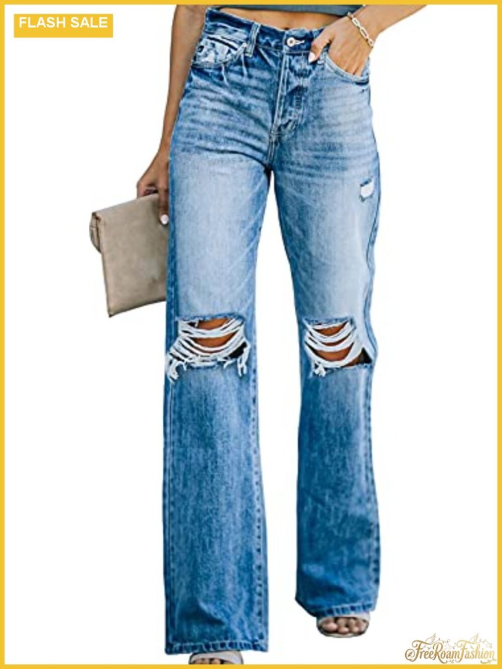 High Waisted Wide Leg Ripped Jeans Distressed Denim Pants